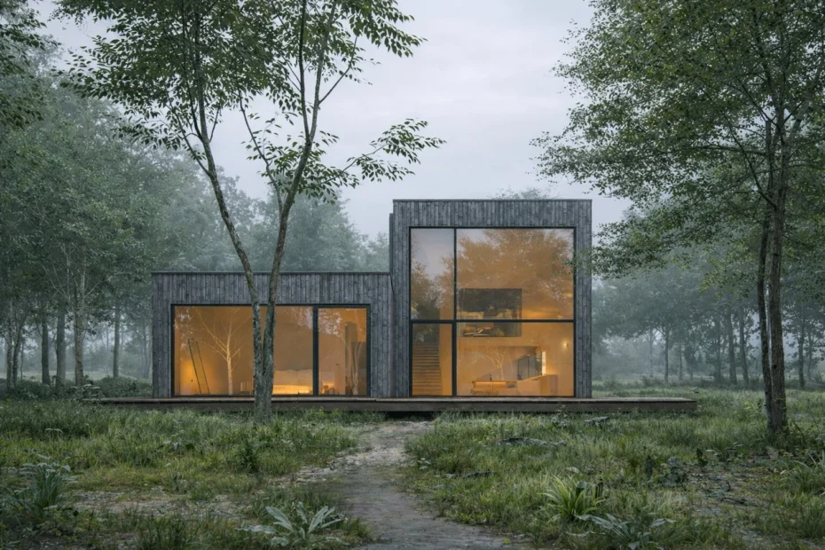 Drewniana elewacja domu jednorodzinnego z dużymi przeszkleniami do salonu i sypialni na niekarczowanej działce.