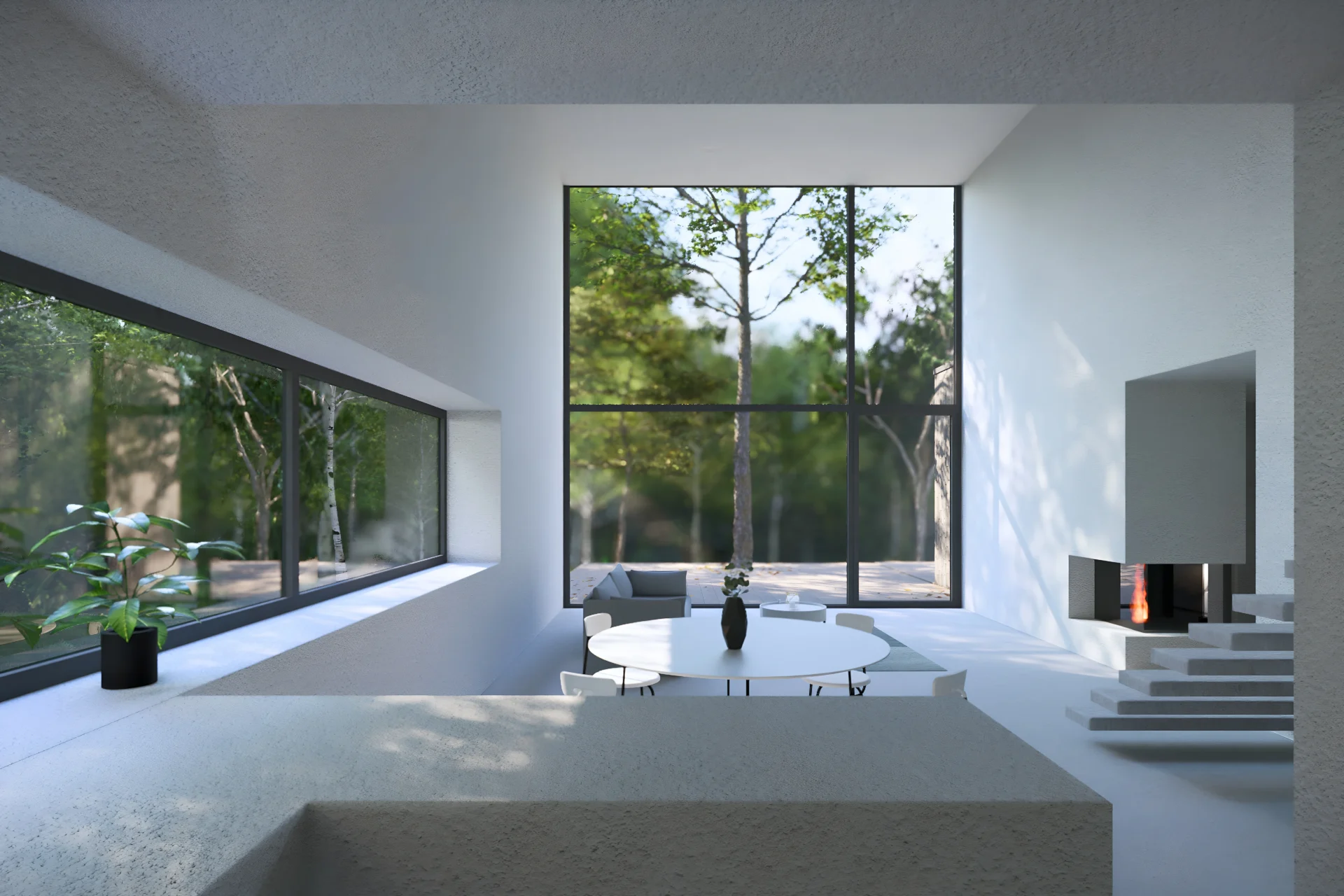 Minimalistyczny salon z kominkiem narożnym w domu jednorodzinnym.