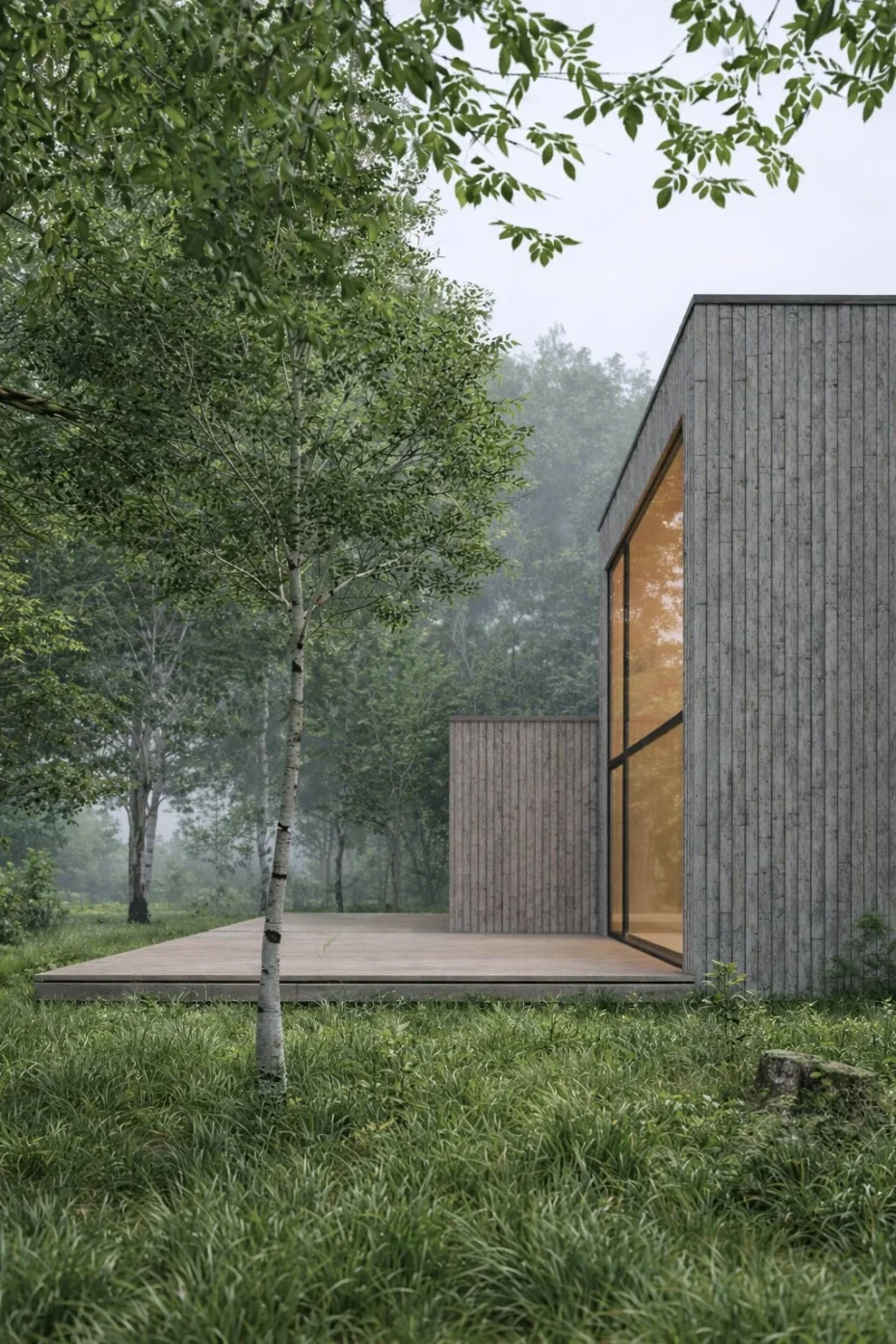 Drewniany taras domu jednorodzinnego na niekarczowanej działce.