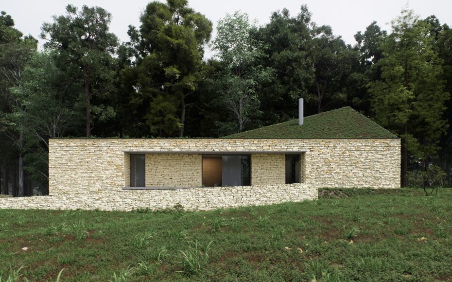 Dom na skraju lasu z elewacją z wapienia i zielonym dachem.