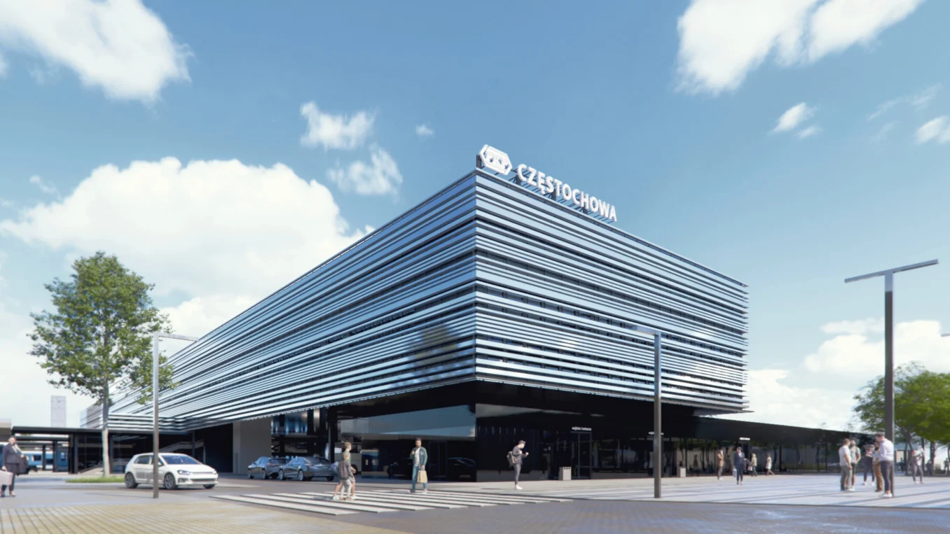 Dworzec Kolejowy w Częstochowie autorstwa pracowni TOPRROJEKT - widok z Alei Wolności (ZACHODNIA STRONA)