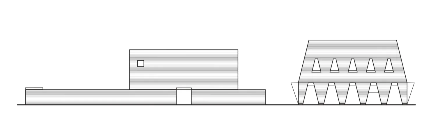 uproszczona linearna elewacja budynku publicznego z rytmem okien i ogrodzeniem