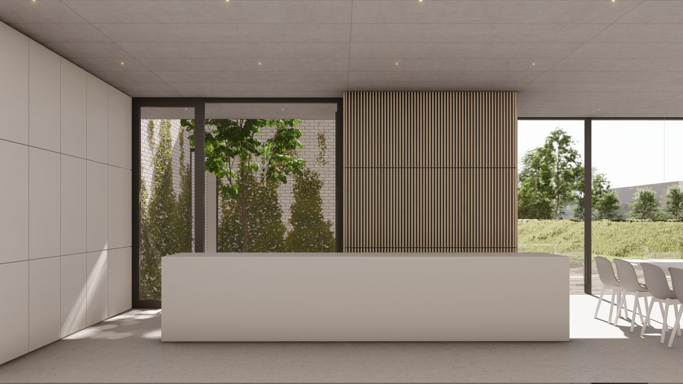 Widok z kuchni na dziedziniec wejściowy i taras