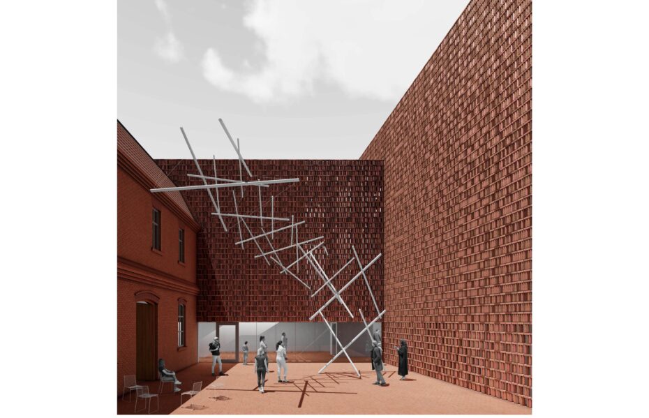 Patio muzeum z instalacją przetrzenną wykończone cegłą.