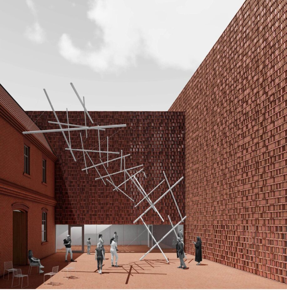 Patio muzeum z instalacją przetrzenną wykończone cegłą.