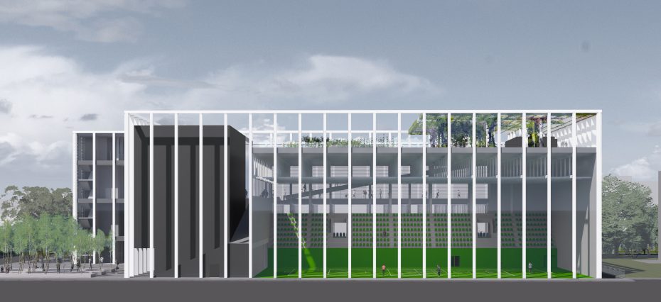 elewacja boczna centrum sportowego kampusu Ochota