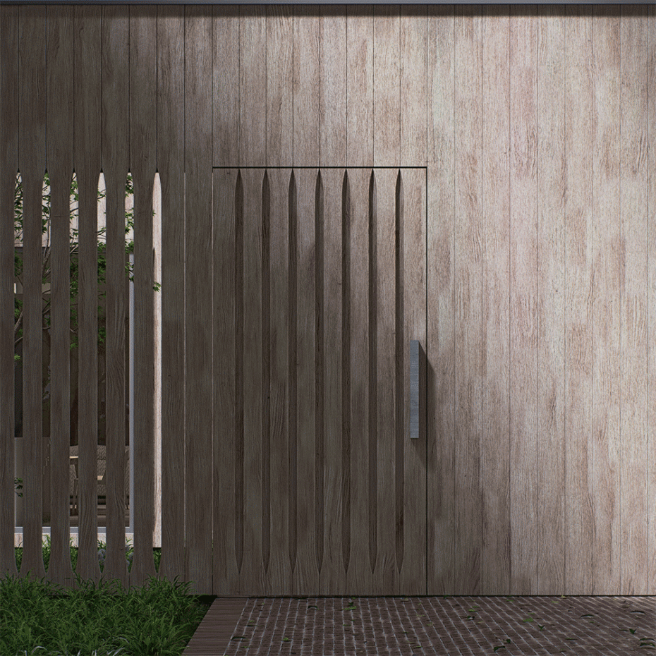 dom jednorodzinny, zamknięte drewniane drzwi wejściowe, ażurowa oraz pełna elewacja ułożona z drewnianych desek