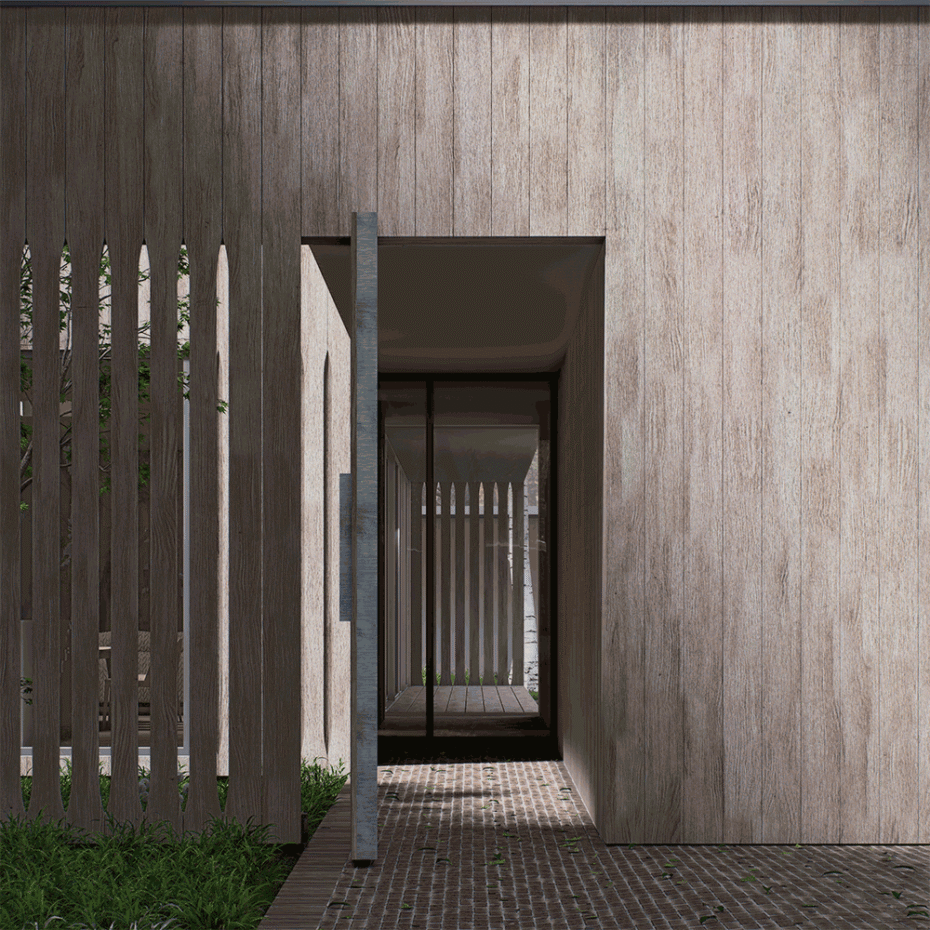 dom jednorodzinny, otworzone drzwi wejściowe, ażurowa oraz pełna elewacja ułożona z drewnianych desek