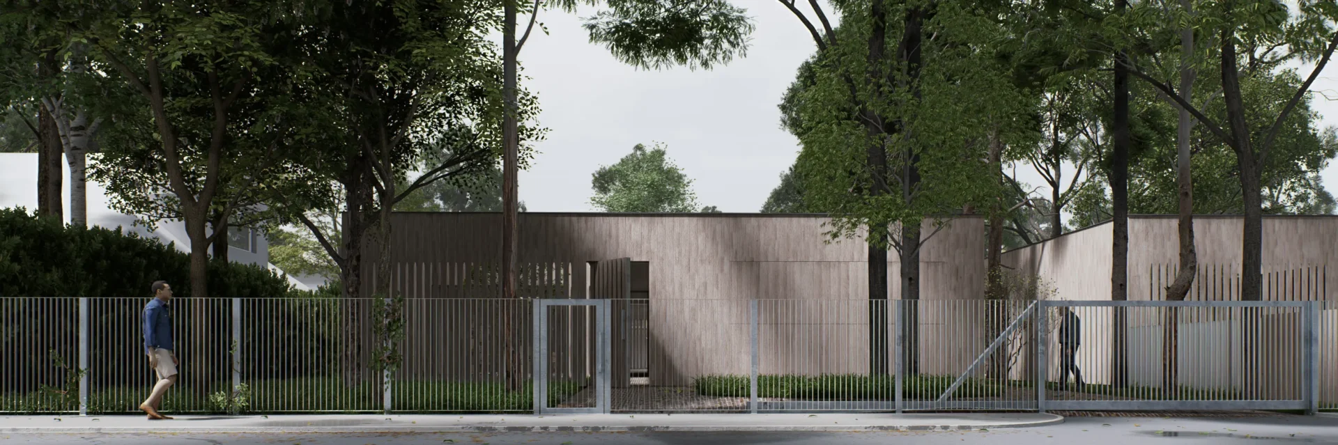 dom jednorodzinny widziany z ulicy, drewniana pełna oraz ażurowa elewacja, prosta bryła