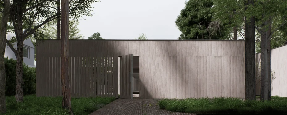 Dom jednorodzinny, strefa wejściowa, ażurowa i pełna elewacja z desek, prosta bryła