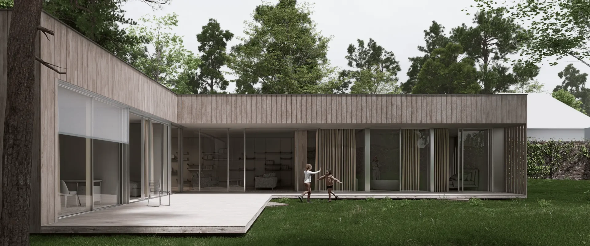 dom jednorodzinny, taras z ogrodem, taras lekko uniesiony nad trawnikiem, horyzontalny pas okien, drewniana elewacja