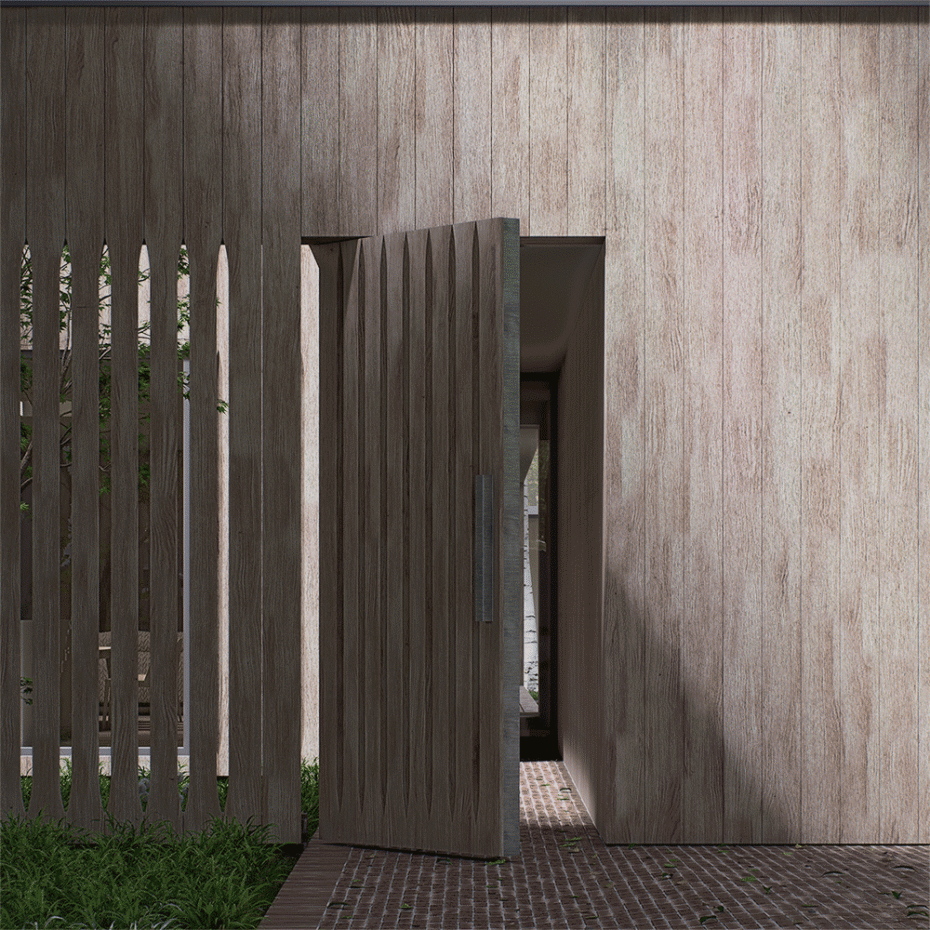 dom jednorodzinny, uchylone drzwi wejściowe, ażurowa oraz pełna elewacja ułożona z drewnianych desek