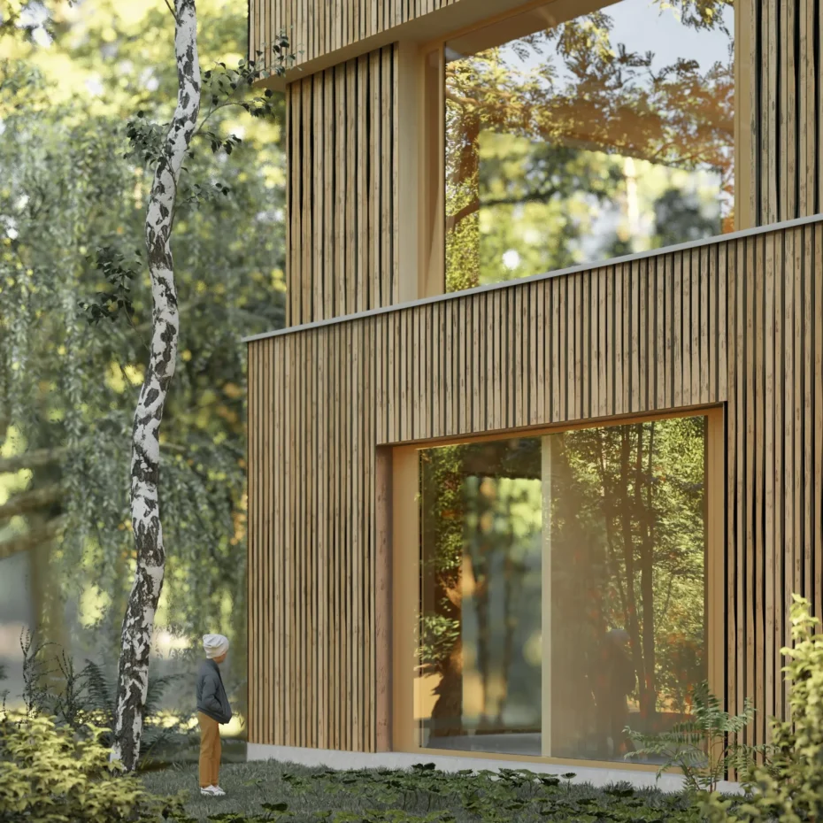 Trzykondygnacyjny budynek centrum rehabilitacji w Katowicach z drewnianą elewacją i dużymi przeszkleniami.