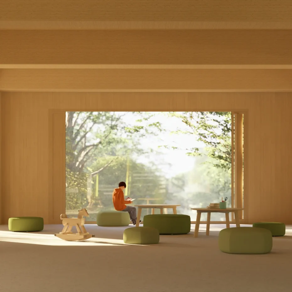 Drewniane wnętrze centrum fizjoterapii w Katowicach z dużym przeszkleniem wychodzącym na zieleń.